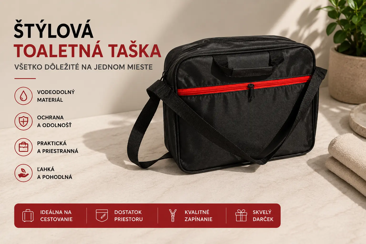 Čierna toaletná taška s červeným zipsom