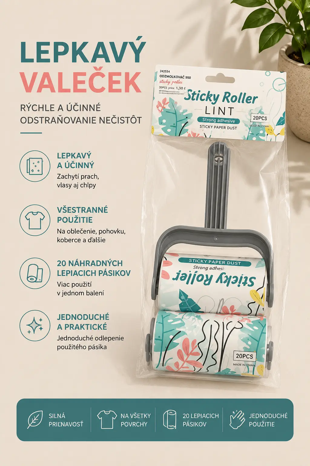Lepkavý čistiaci valček s náhradnými rolkami