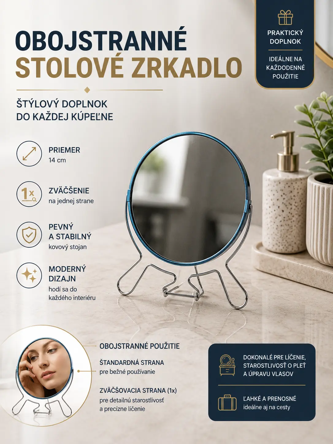 Obojstranné stolové zrkadlo – 14 cm