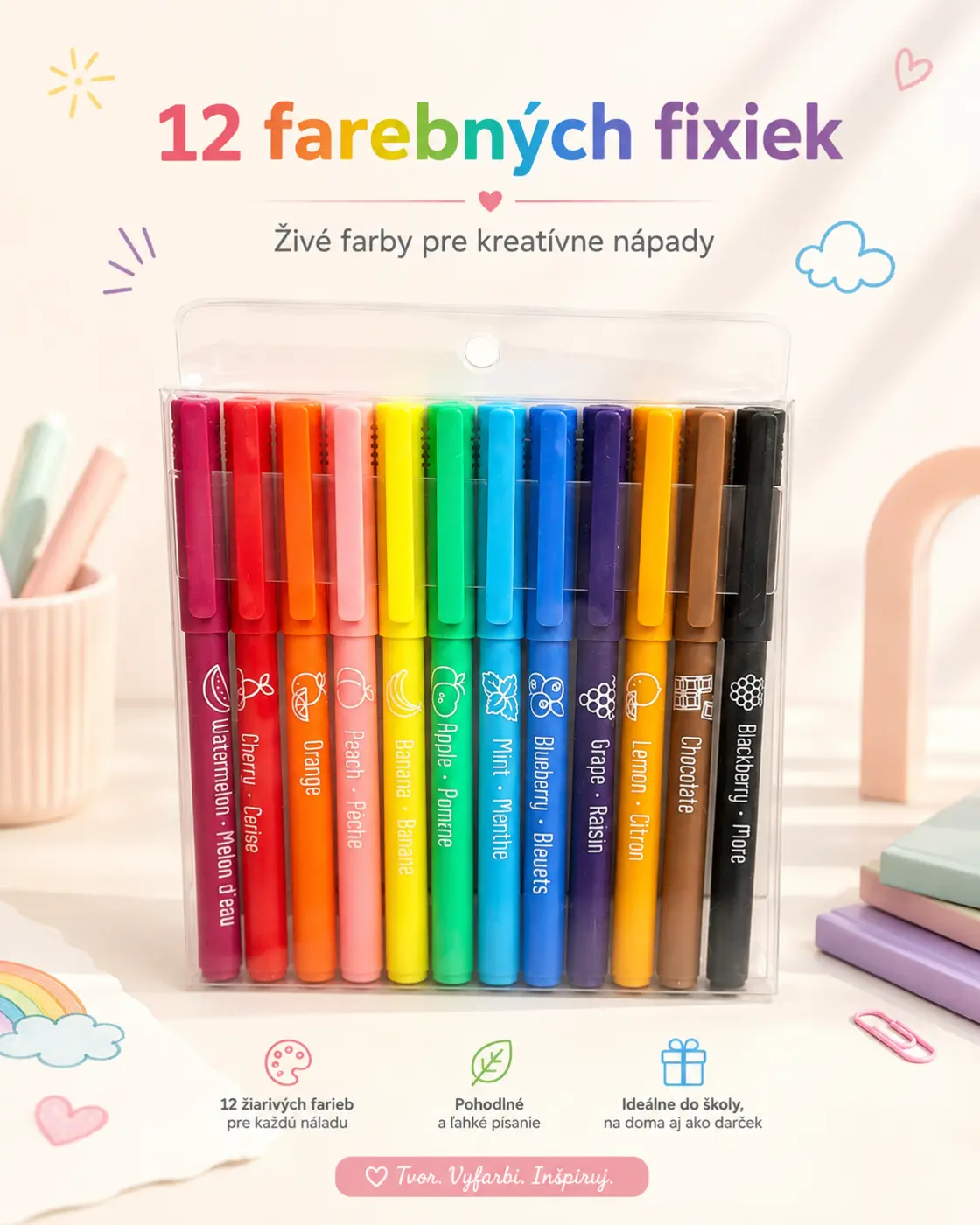 Farebné fixky s ovocnými motívmi – 12 ks