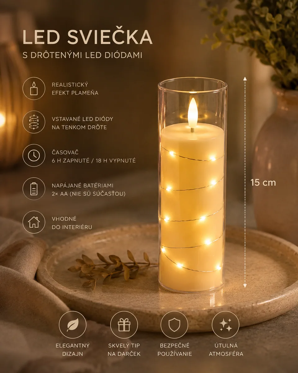 LED sviečka v sklenenom valci – 15 cm