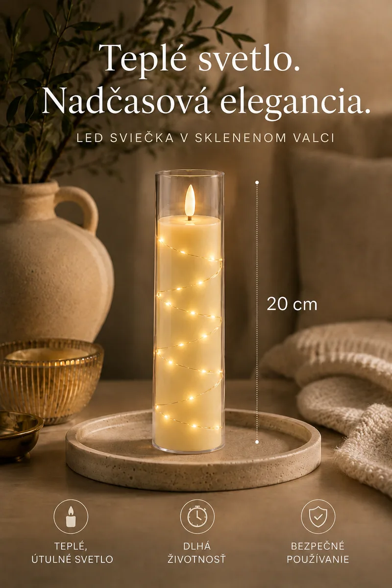 LED sviečka v sklenenom valci – 20 cm