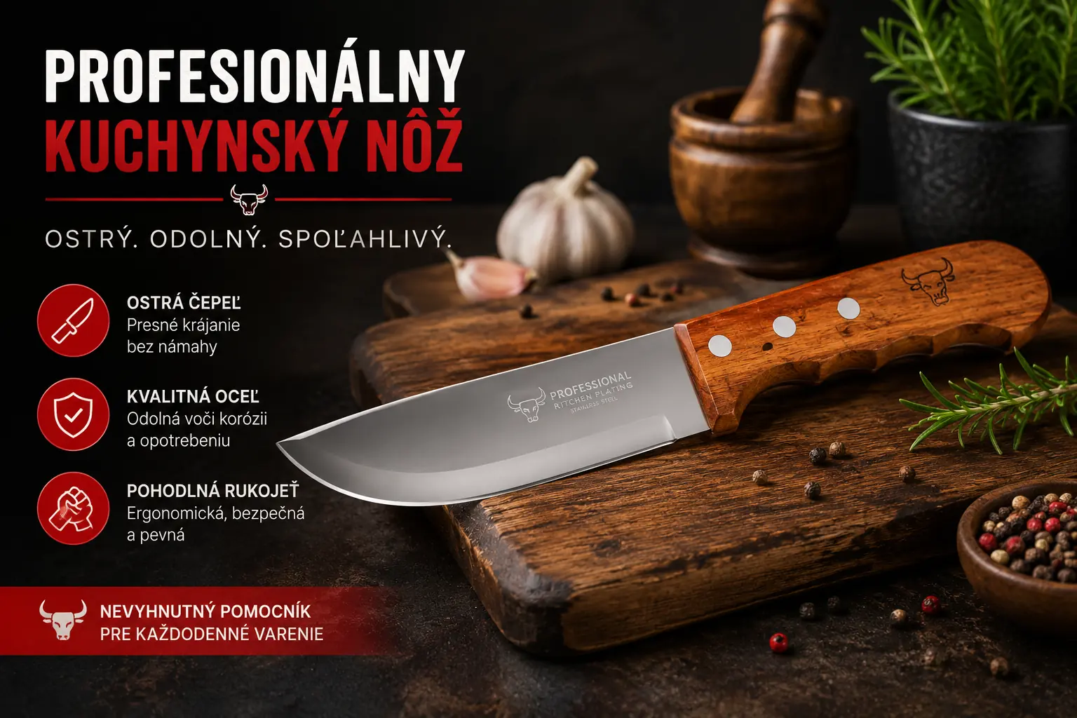 Profesionálny kuchynský nôž s drevenou rukoväťou
