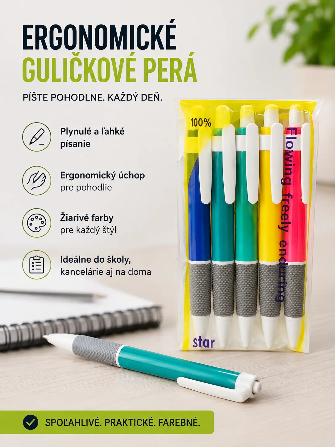 Ergonomické farebné guľôčkové perá – 5 ks – fotografia 1