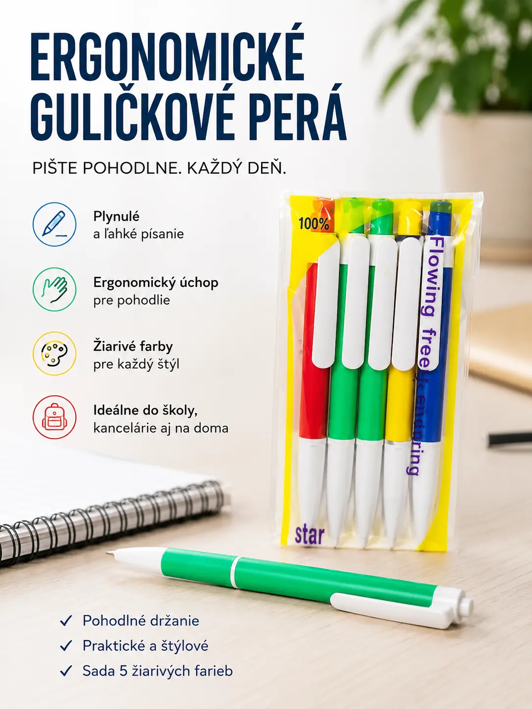 Ergonomické farebné guľôčkové perá – 5 ks – fotografia 2