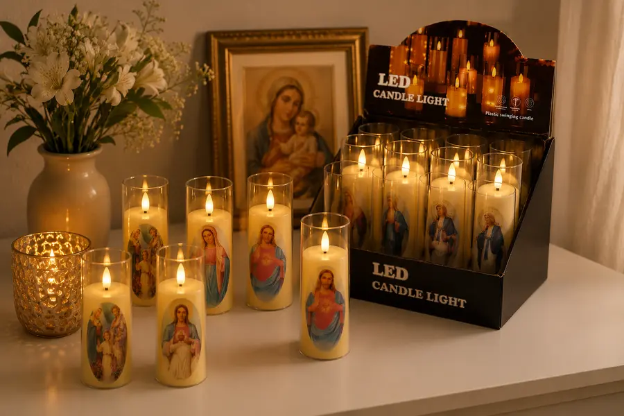 LED sviečka s náboženským motívom v tubuse
