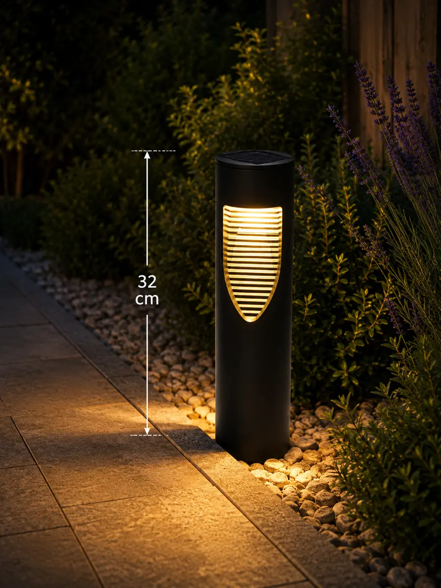 Solárny záhradný stĺpik s teplým svetlom – 32 cm