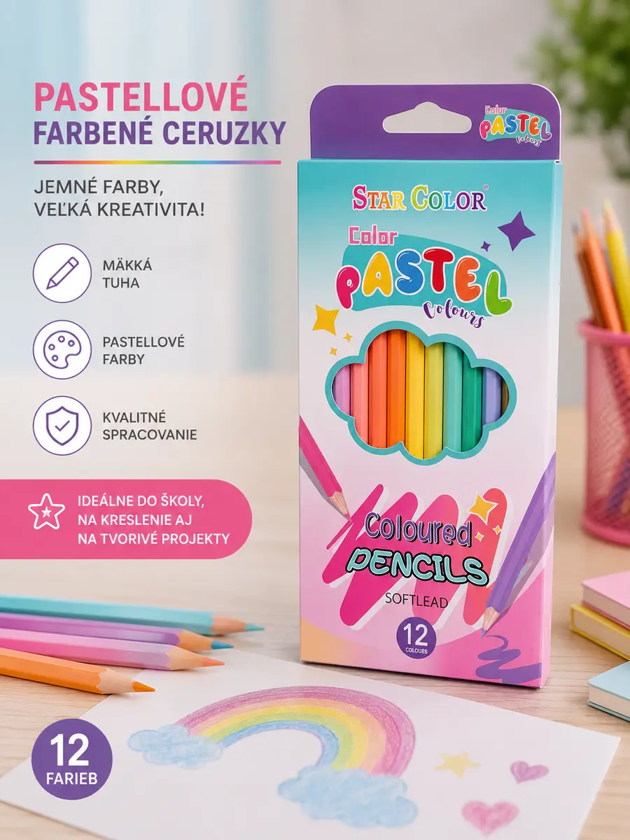 Pastelové farebné ceruzky – 12 farieb