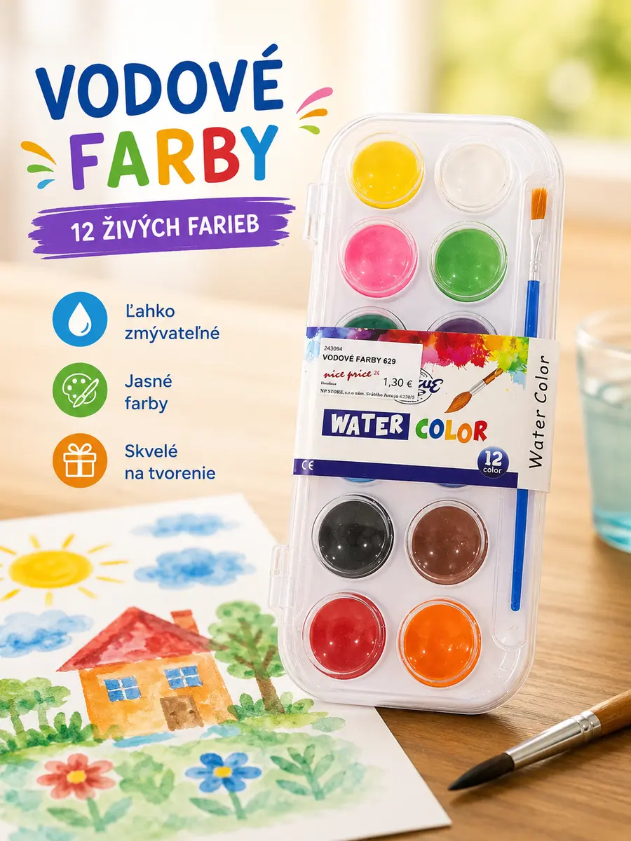 Vodové farby v plastovom obale – 12 farieb