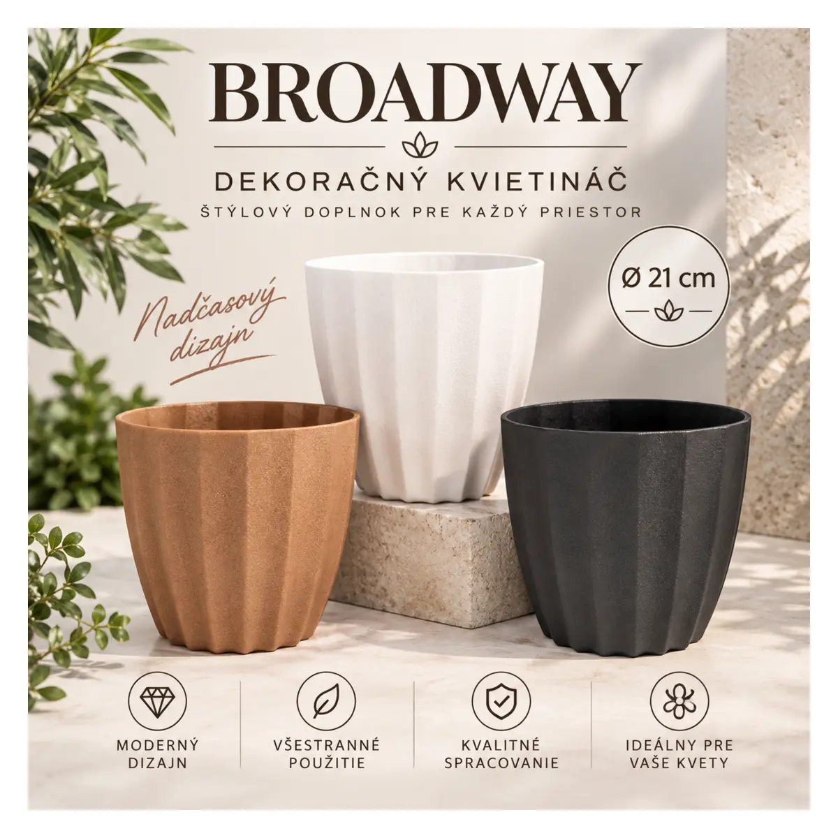 Dekoračný kvetináč Broadway Ø 21 cm – cena za 1 ks