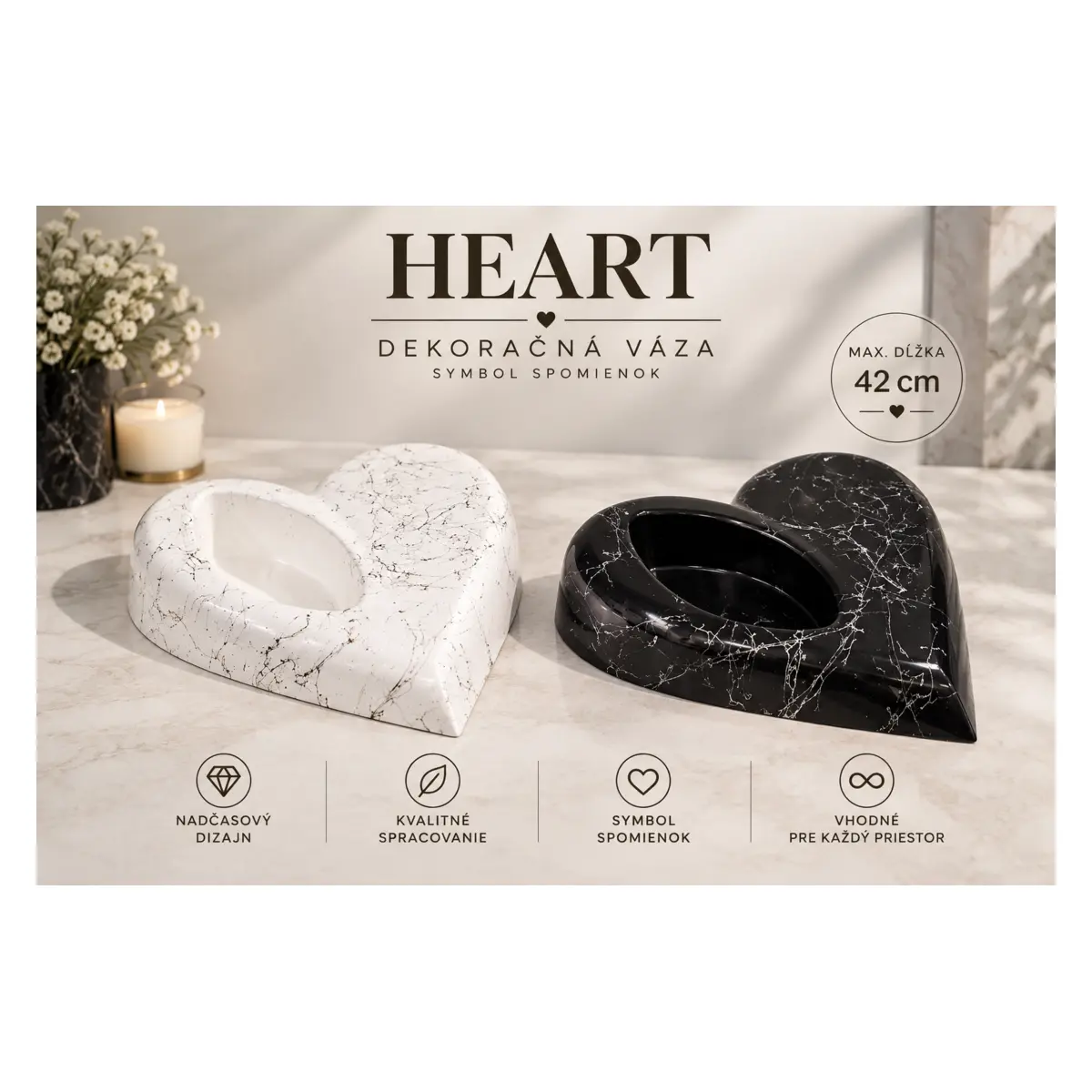 Srdcová dekoračná váza Heart 42 cm – cena za 1 ks