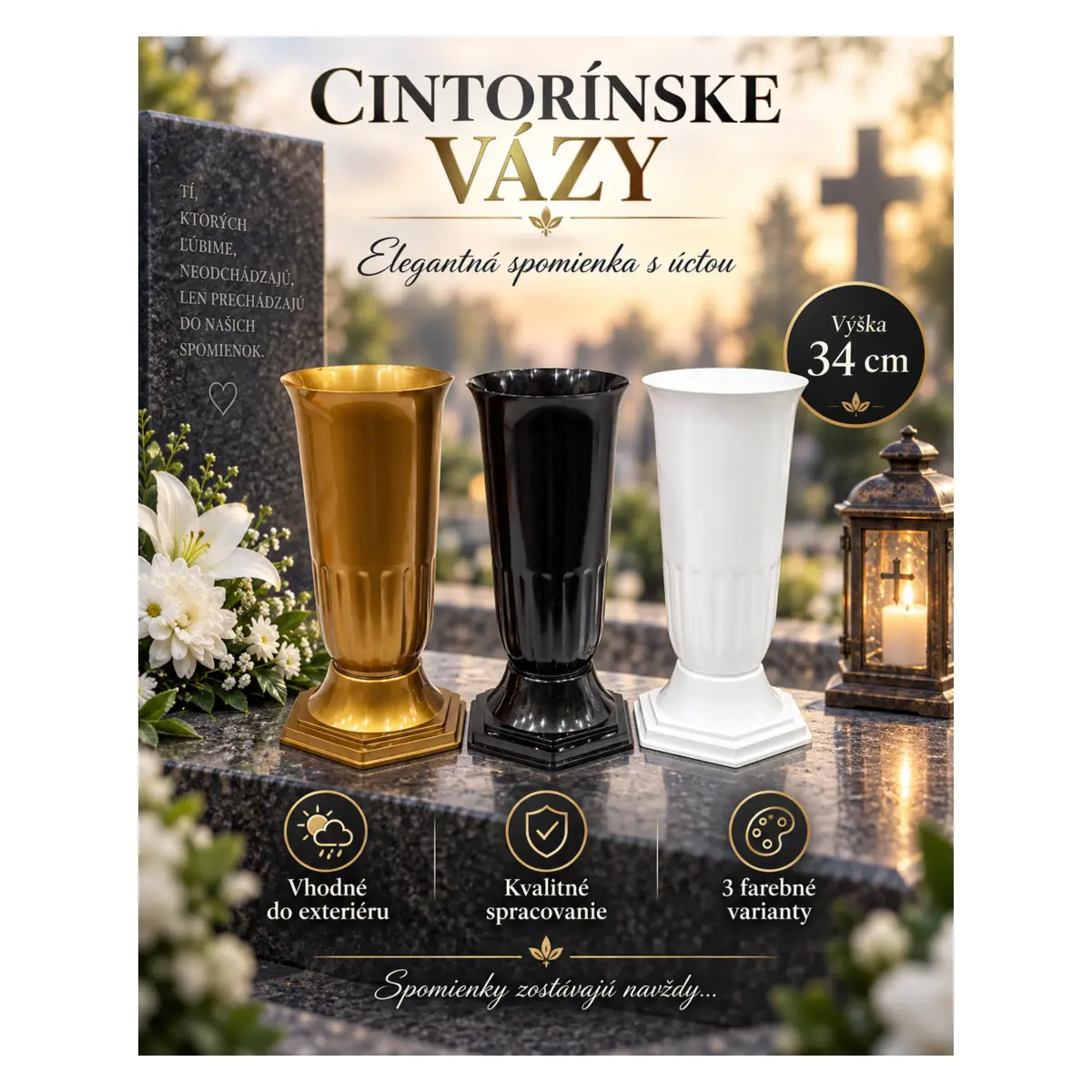 Cintorínska váza, výška 34 cm – cena za 1 ks