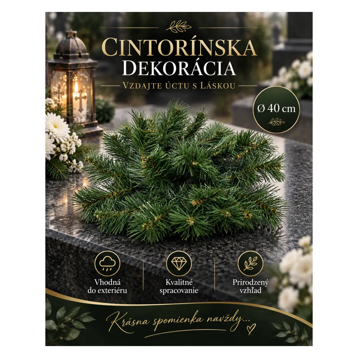 Cintorínska čečinová dekorácia s hustým ihličím Ø 40 cm