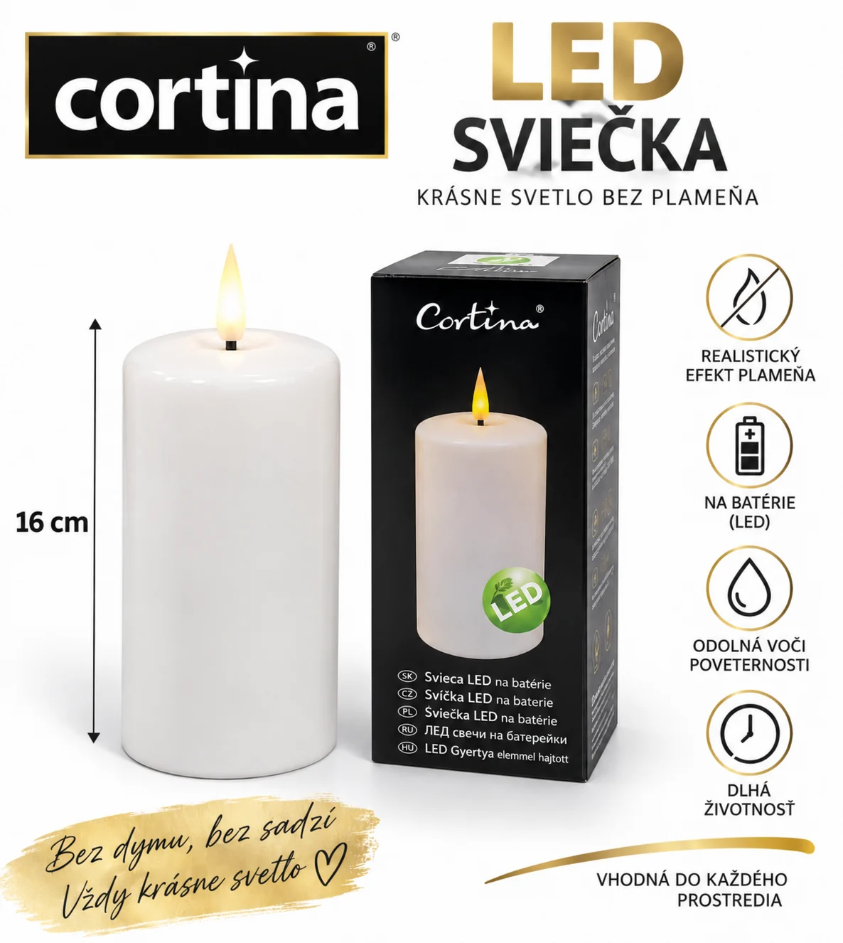 Biela LED sviečka Cortina – 16 cm