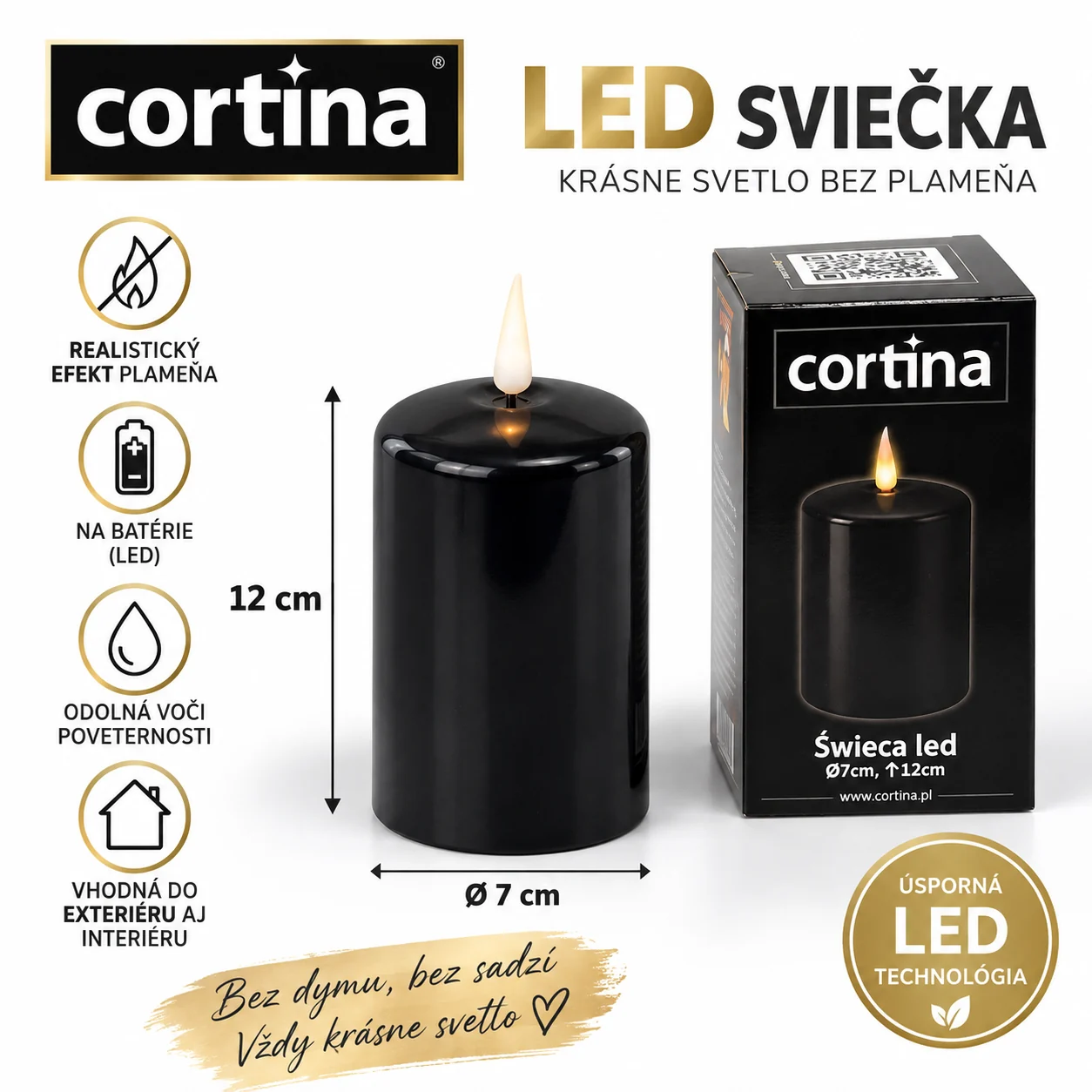 Čierna LED sviečka Cortina – 12 cm