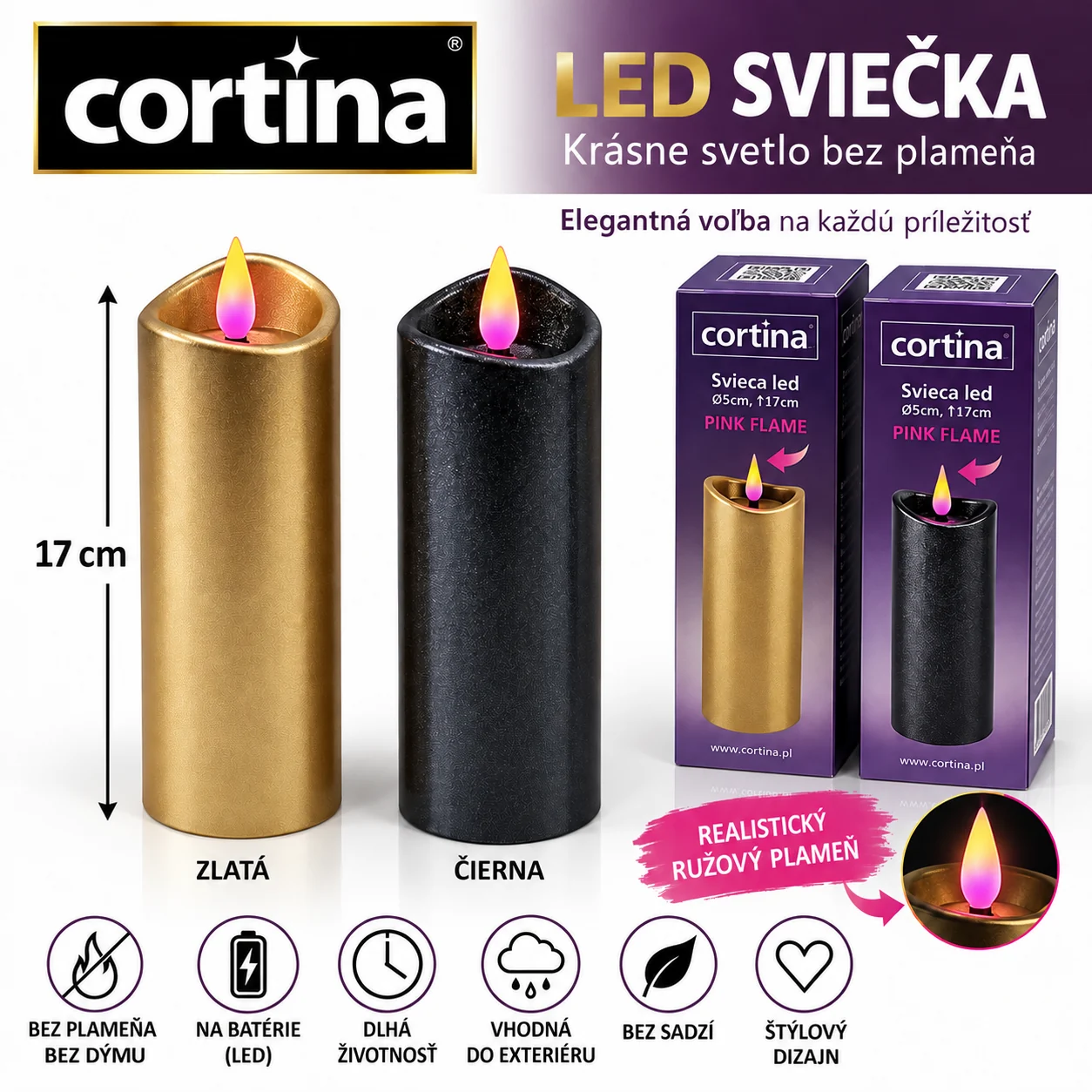 LED sviečka Cortina 17 cm – zlatá a čierna