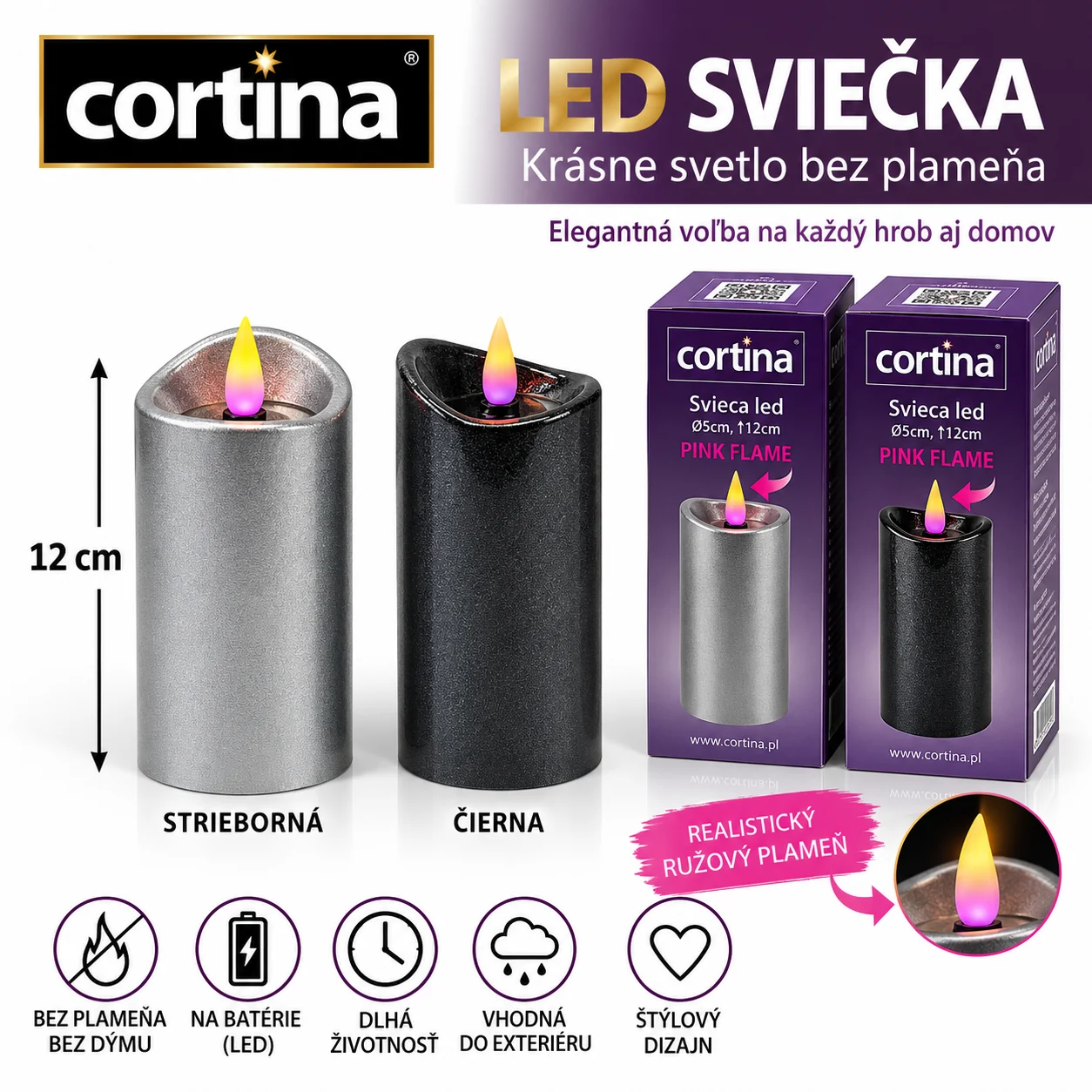 LED sviečka Cortina 12 cm – strieborná a čierna