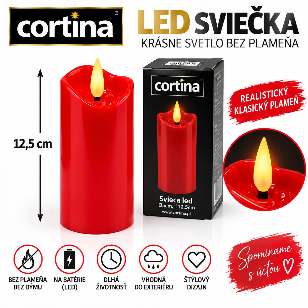 Červená LED sviečka Cortina – 12,5 cm