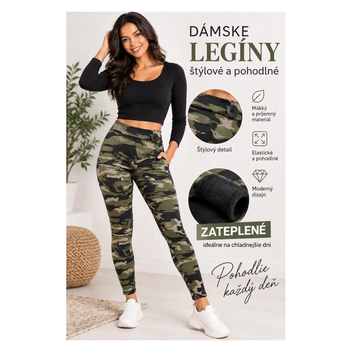 Dámske zateplené legíny – maskáčový vzor