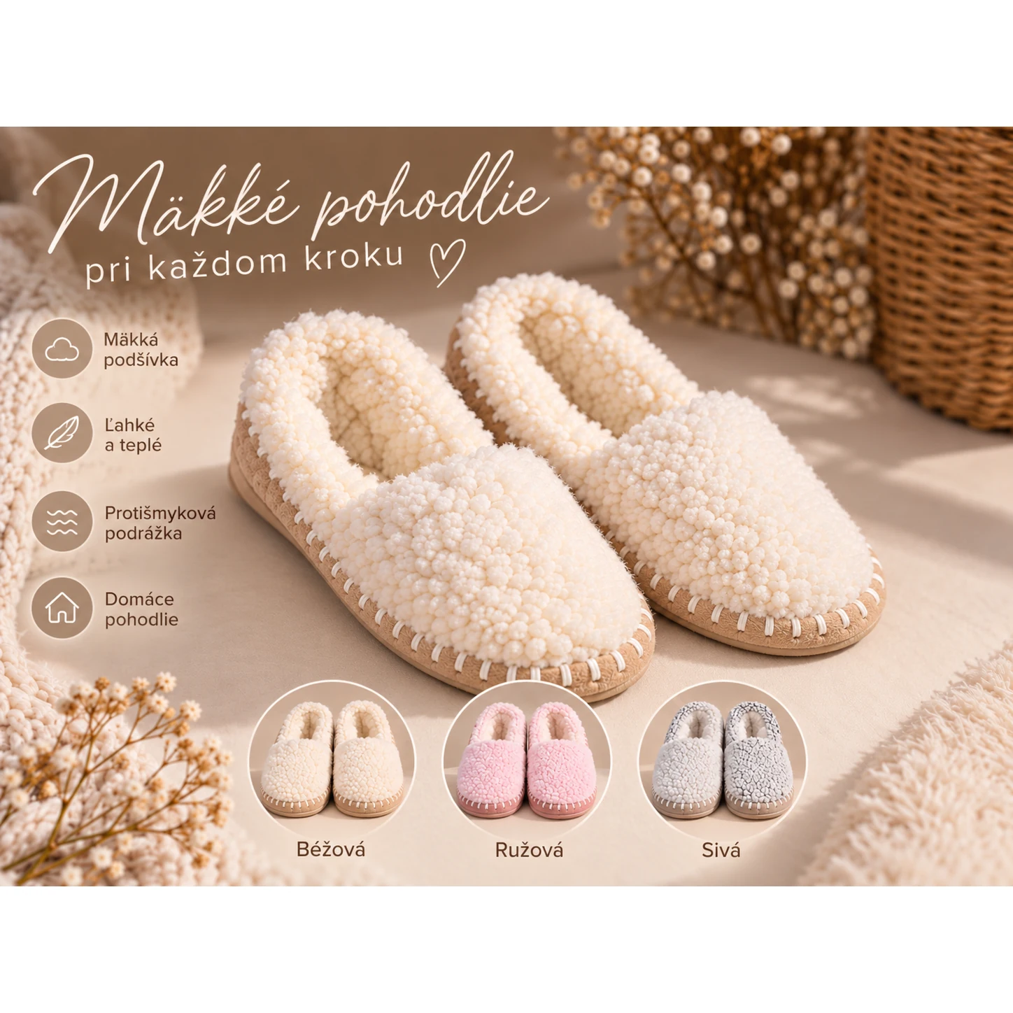Mäkké domáce papuče – 3 farby (cena za 1 pár)