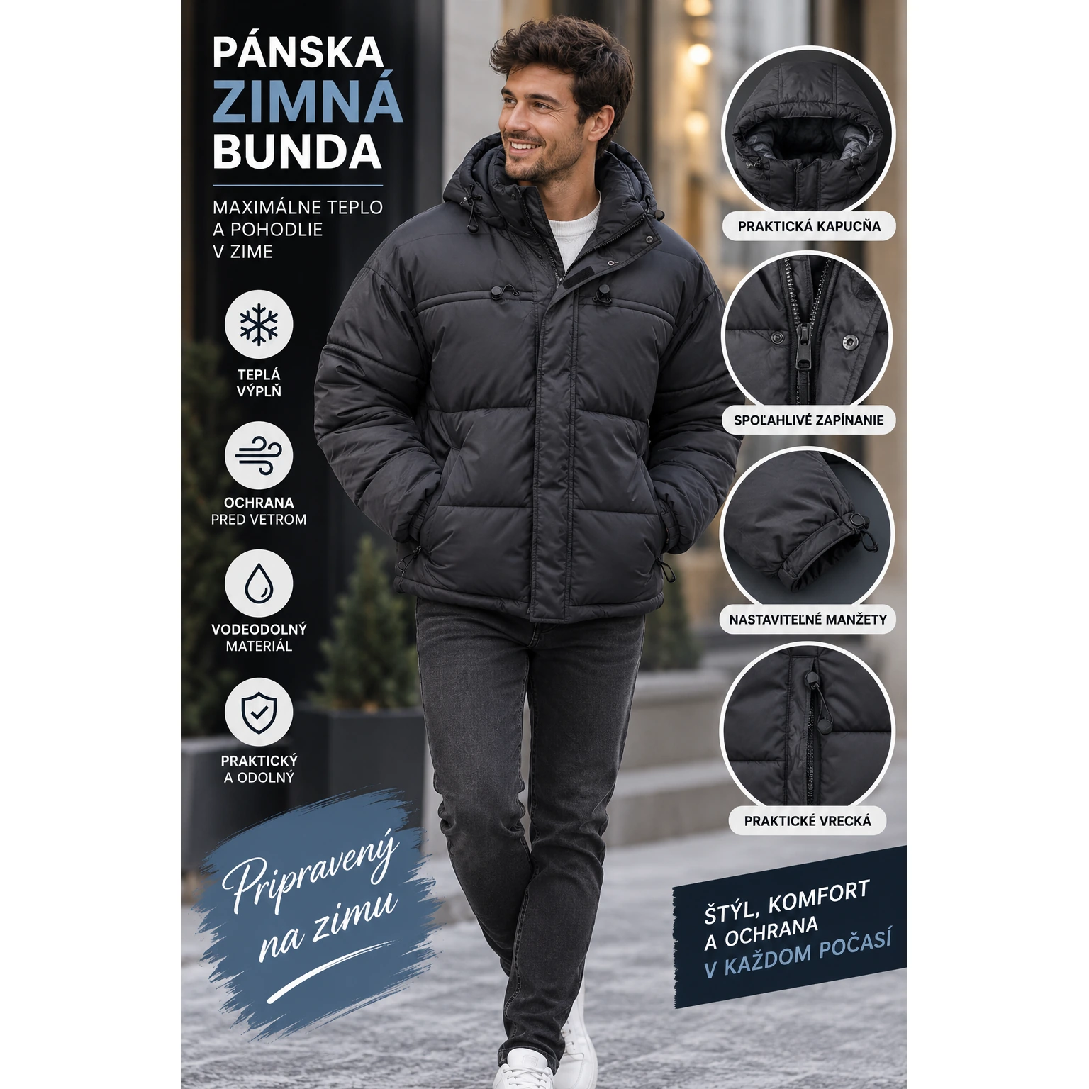 Pánska zimná bunda s kapucňou – čierna