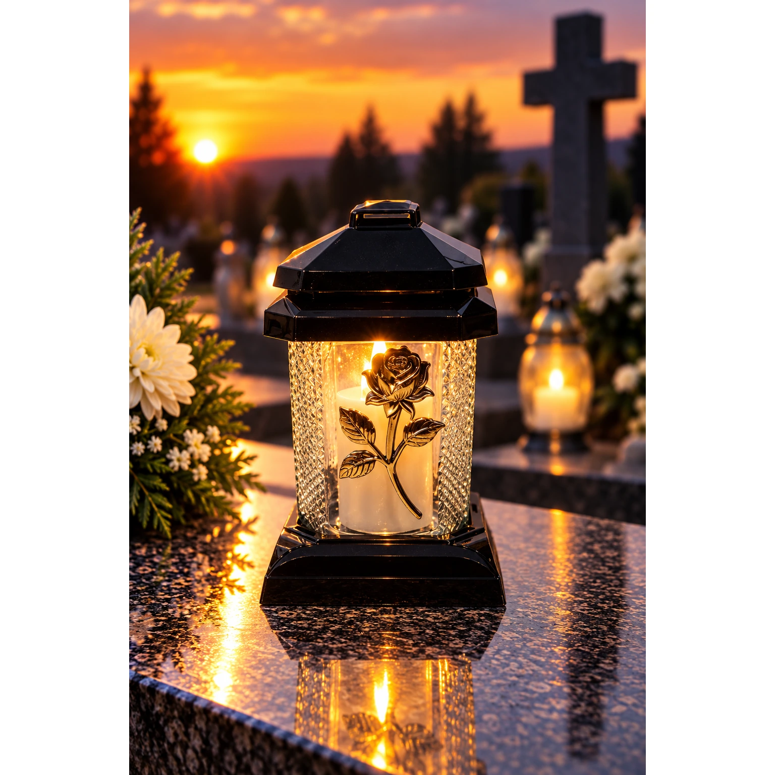 Cintorínsky lampáš s ružou – čierny